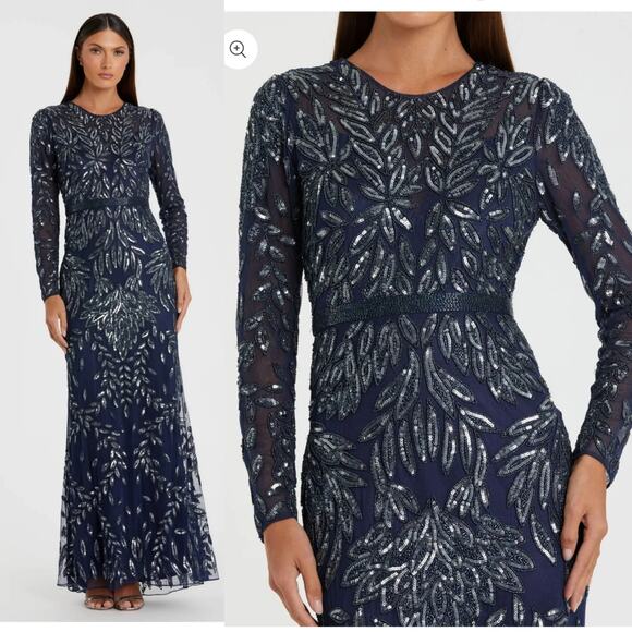 Mac Duggal 6023 Midnight Navy Blue 12 Long Sleeve Embellished Gown Long Dress - Picture 1 of 12
